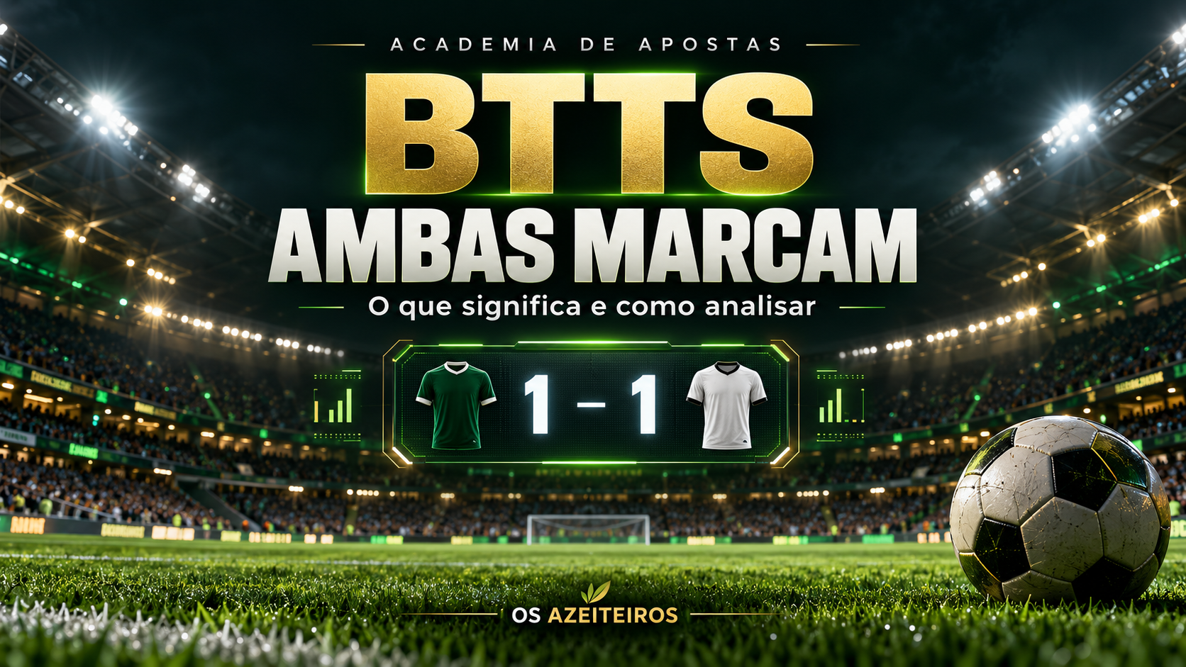 Ilustração do mercado BTTS Ambas Marcam, com um marcador de 1–1 num estádio de futebol.