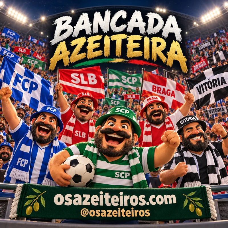 Bancada Azeiteira cheia de adeptos com bandeiras de vários clubes